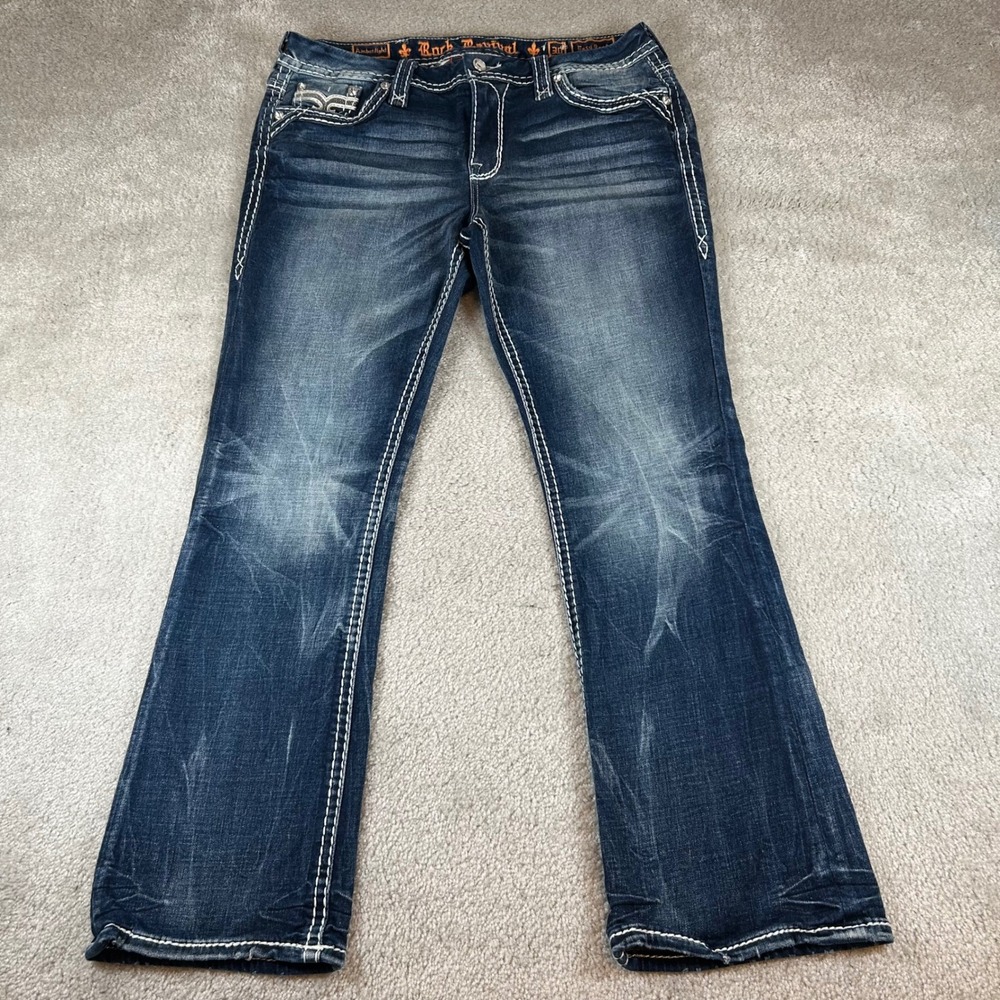 Rock Revival Easy Boot Jeans Womens 30 Amberlight Dark Wash Thick Stitch Bootcut